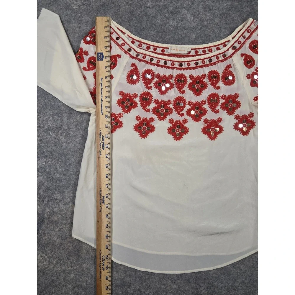 Tory Burch Silk Embroidered Mirror Sequin Blouse Ivory Red Boho Top Size 6